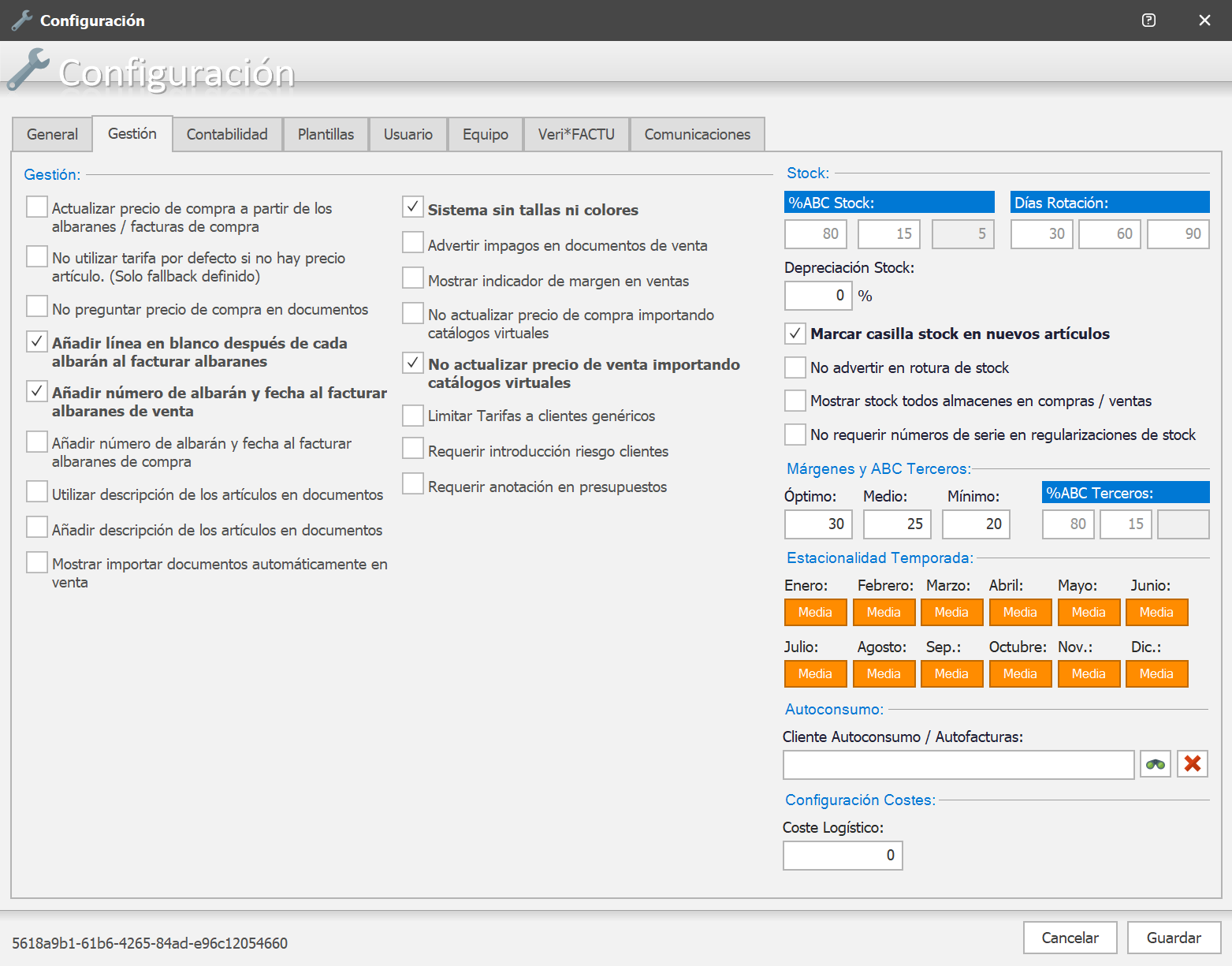Configuración, pestaña Gestión